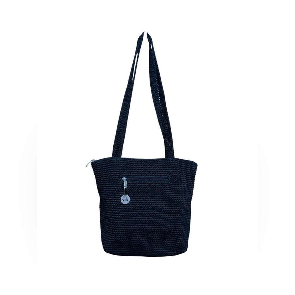 The Sak Medium Crochet Handbag Black Double Handle Bag with Coin Purse & Mirror
